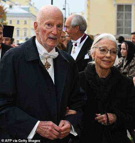 Former Bulgarian King Simeon II and his wife Margarita arrive to attend a dinner during the wedding of Grand Duke George Mikhailovich Romanov, and Victoria Romanovna Bettarin