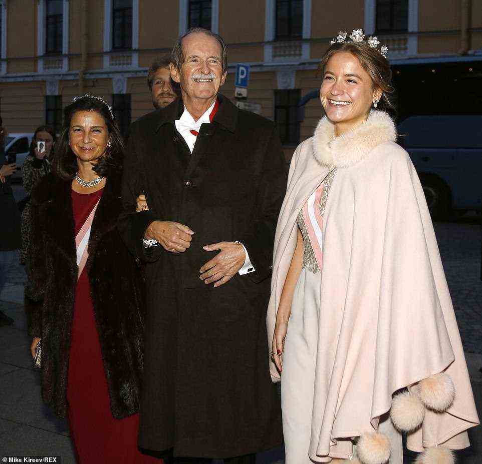 Duarte Pio, Duke of Braganza and Isabel de Heredia Gala attend the imperial wedding of His Imperial Highness Grand Duke George Mikhailovich Romanov of Russia and Rebecca Bettarini