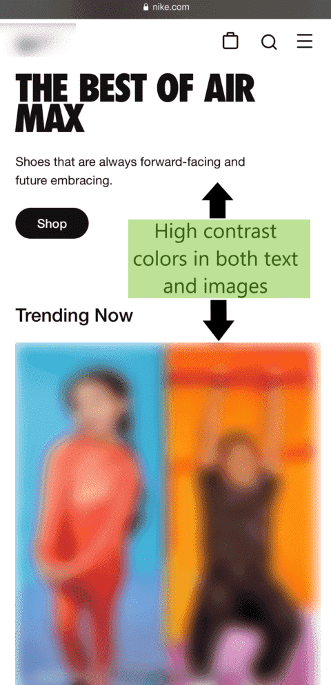 Website mit kontrastreichen Farben zur Erstellung von mobilfreundlichen Inhalten. 