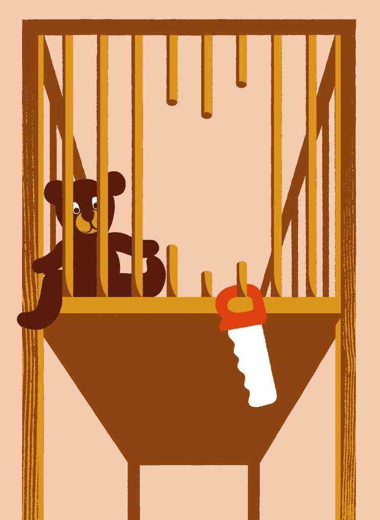 Eine Illustration eines Teddybären in einer mysteriös kaputten Krippe 