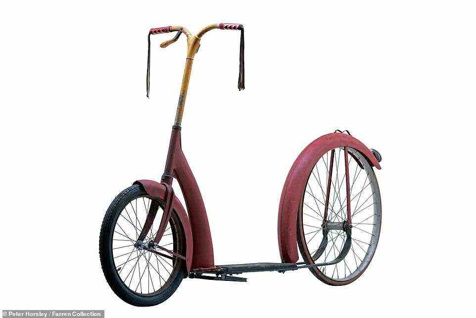 This photograph shows what was touted in the 1930s as 'the first great advance in wheels in almost half a century'- the 'perpetual motion' Ingo Bike, made by the Ingersoll division of Borg Warner Co, USA. Mr Farren wrote: 'This bike was invented by brothers Philip and Prescott Huyssen in the early 1930s. It looks more like a scooter than a bicycle, and indeed a good rider can propel it indefinitely without putting a foot to the ground. Once the rider pushes off, the bike is propelled by bending the knees and pulling on the handlebars. The floor frame is made of sprung steel and flexes. One of the brothers rode it from Chicago to Miami in 12 days, travelling at a rate of between 10 and 20 miles per hour'