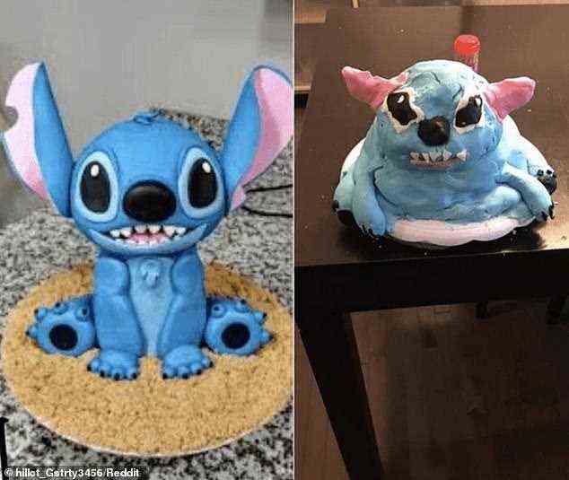 Ein Möchtegern-Bäcker machte sich daran, einen Kuchen zu backen, der wie die Zeichentrickfigur Stitch aussah.  Nun, es hat uns in Stich gelassen...