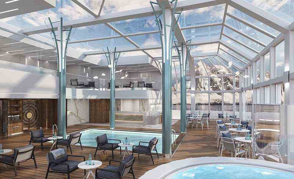 Das zweistöckige Solarium des Schiffes beherbergt ein zwangloses Restaurant, einen Swimmingpool und einen Whirlpool