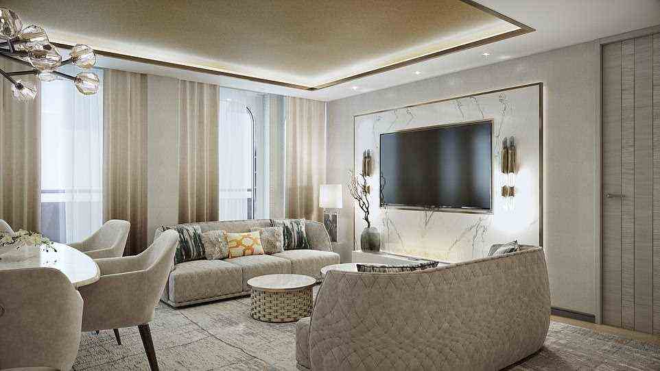 Oben abgebildet ist das Wohnzimmer in der opulenten Penthouse-Suite von Crystal Endeavour