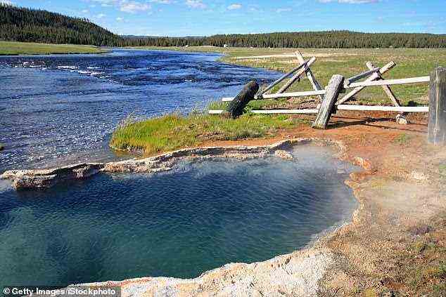 Maiden's Grave Hot Spring, die in den Firehole River im Yellowstone-Nationalpark mündet, in den Laiha und ihr Hund Berichten zufolge gefallen sind und Verbrennungen erlitten haben
