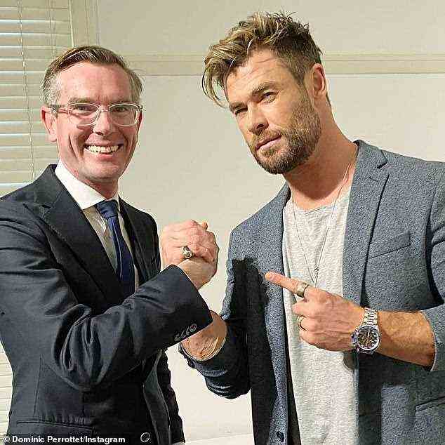 On his first full day on the job Dominic Perrottet (pictured with Chris Hemsworth) has already started tinkering with NSW roadmap out of Covid lockdown allowing kid's swimming lessons at indoors pools to go ahead from Monday