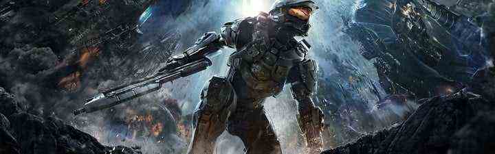 Master Chief crouching with a gun.