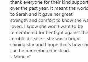 Auf ihrem Instagram-Account wurde eine Nachricht von Sarahs Mutter Marie gepostet.  Darin stand: „Mit tiefem Herzensschmerz teile ich heute mit, dass meine wunderschöne Tochter Sarah leider verstorben ist.“