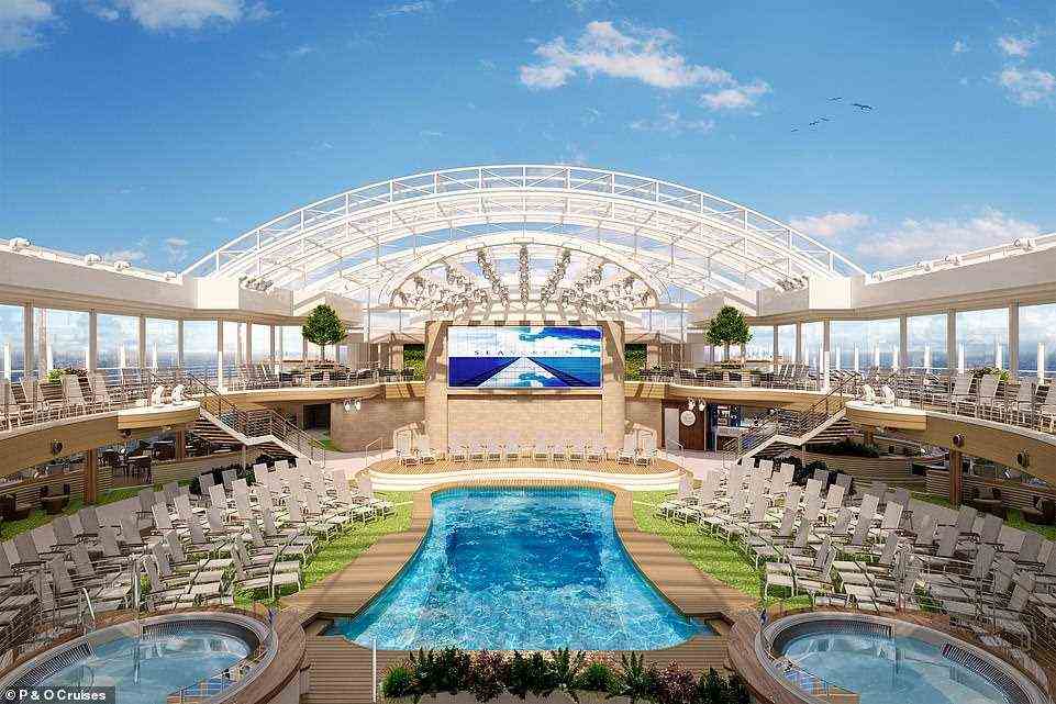 Der abgebildete einziehbare SkyDome des Arvia ist tagsüber ein entspannter Poolbereich mit Restaurants und Unterhaltung bei Nacht