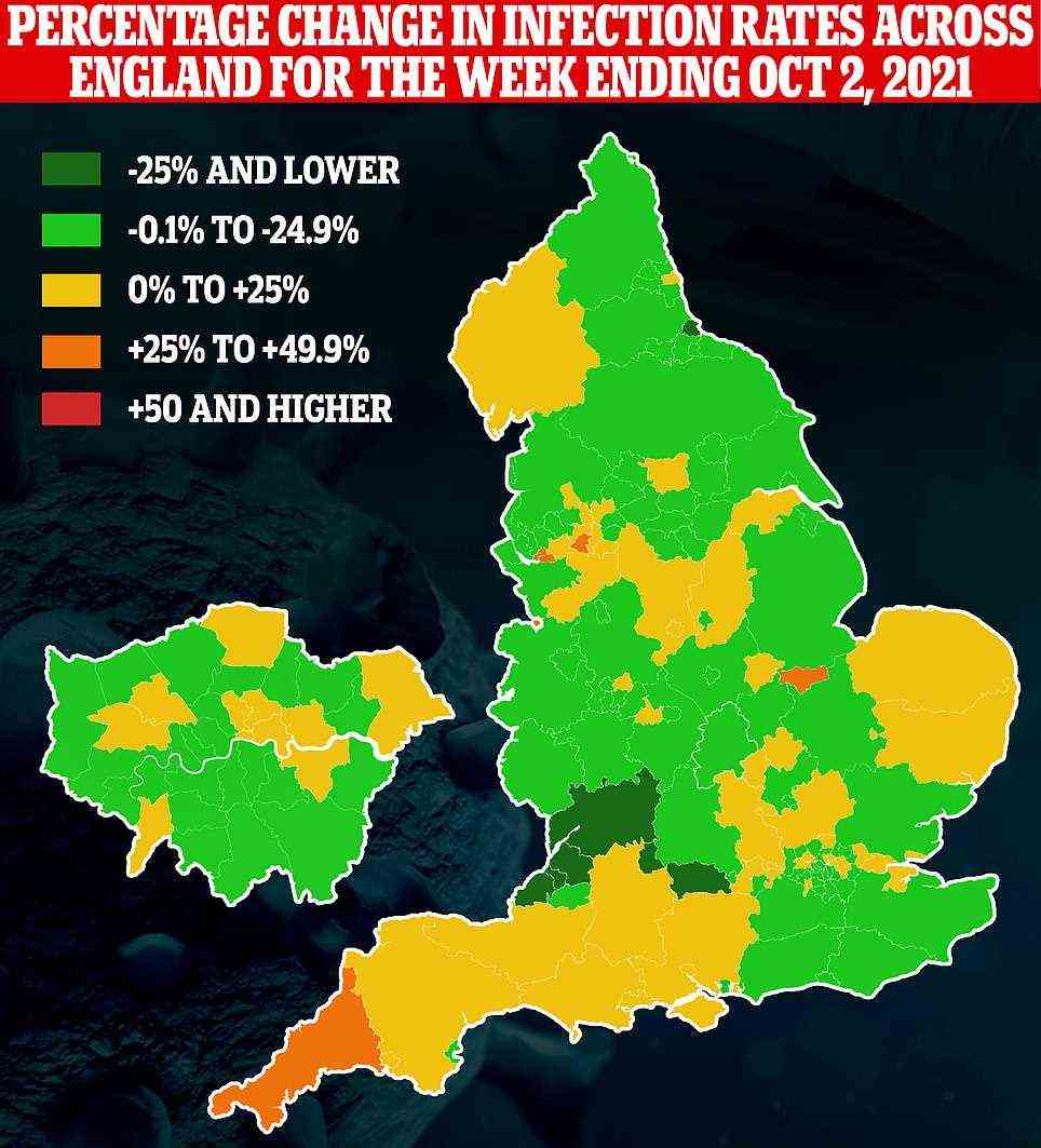 Die Karte zeigt: Die prozentuale Änderung der Fallzahlen in den Behörden in ganz England in der Woche bis zum 2. Oktober