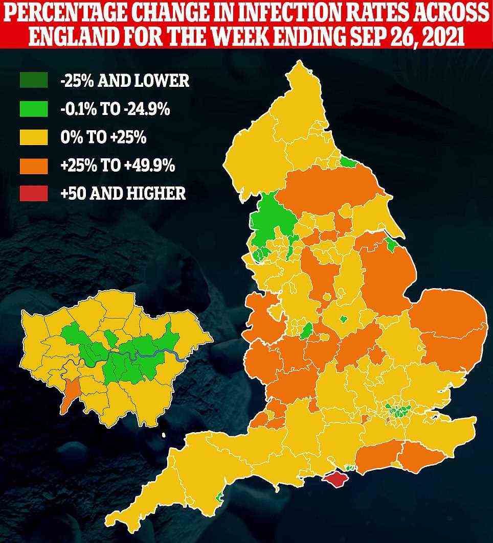 Die Karte zeigt: Die prozentuale Änderung der Fallzahlen in den Behörden in ganz England in der Woche bis zum 26. September