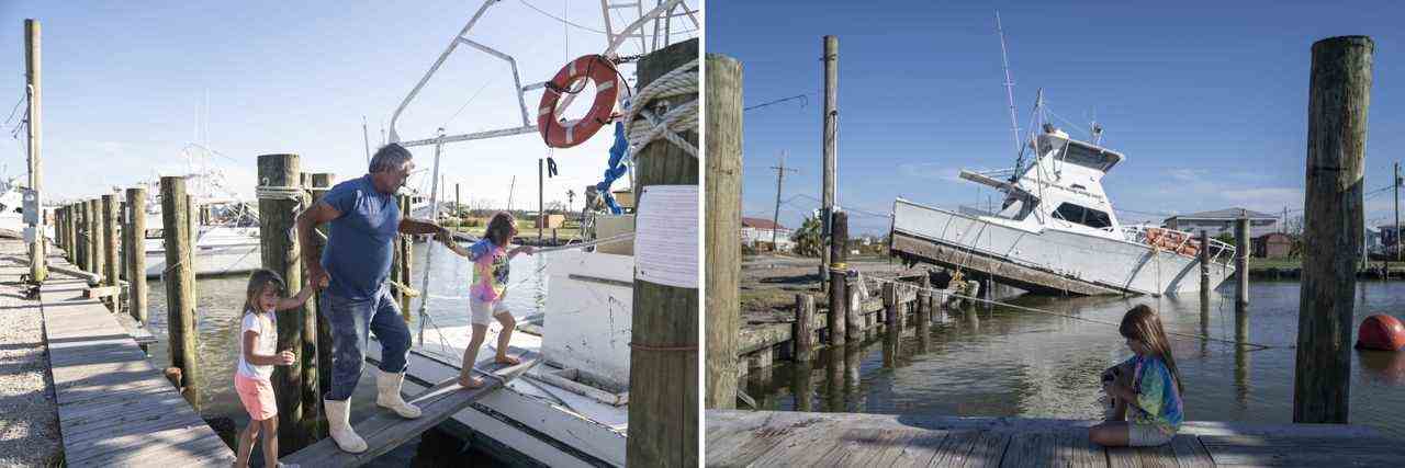 Left: Harvey Cheramie Jr. brings his granddaughters Sierra and Briel Balred onto his boat while inspecting damages to it. Right: Sierra and Briel play in front of their father's boat, which ended up on land when Hurricane Ida made landfall.