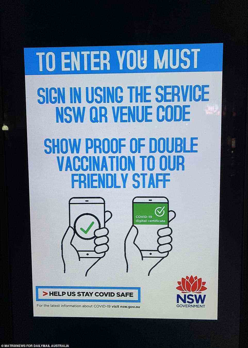 Customers must prove their vaccination status when they enter any venue in NSW or they will be refused