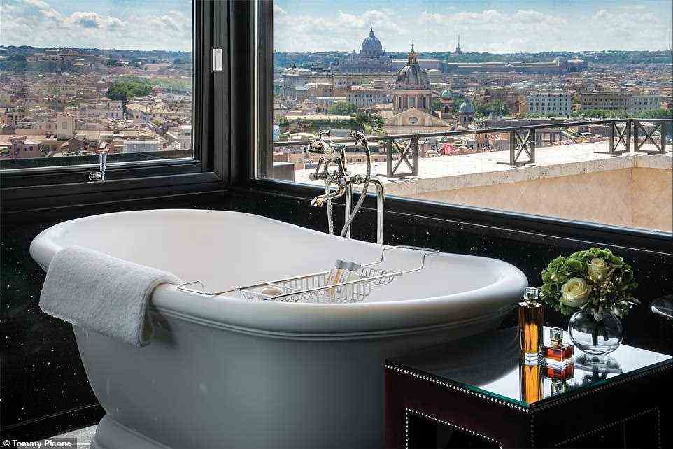 This image shows the amazing view from the 'Hassler Penthouse' bathroom