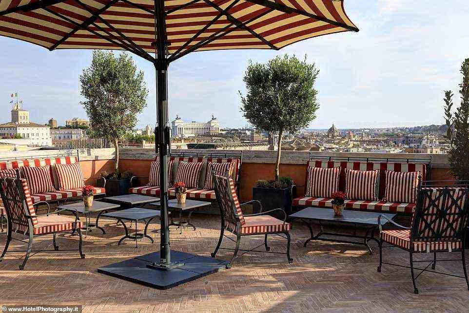 The breakfast on the glamorous Hotel de la Ville rooftop terrace, pictured, is the freshest and best in the city, claims Frank