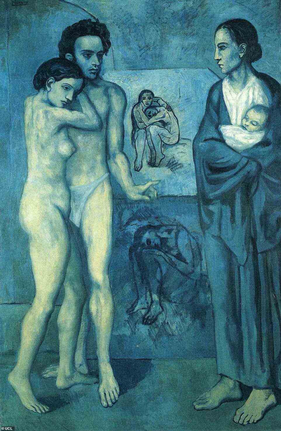 Die Entdeckung von 'The Lonesome Crouching Nude' im Jahr 2010 beendete eine lange Suche nach dem verschollenen Werk ¿ bekannt durch die Darstellung im Hintergrund von 'La Vie', einem zeitgenössischen Ölgemälde von Picasso (im Bild), das weithin als der Höhepunkt seiner 