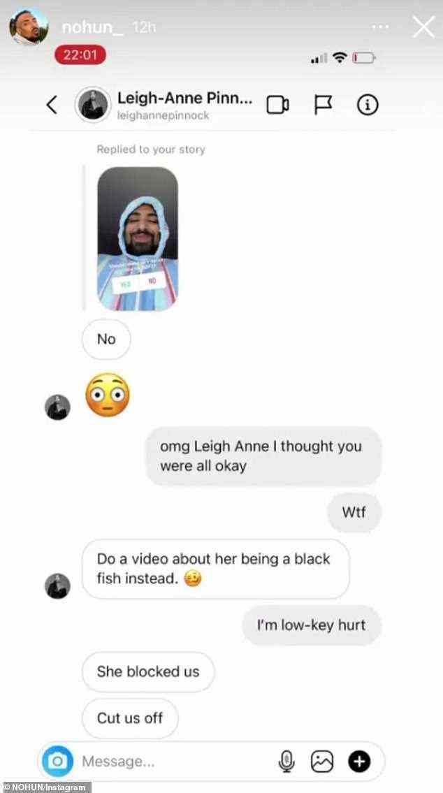 Sich zu Wort melden: Die durchgesickerten Nachrichten zeigen, wie Leigh-Anne auf die Umfrage von NoHun antwortet und fragt, ob er eine Tanzroutine für Jesys Debüt-Solo-Single Boyz erstellen sollte, die am Freitag veröffentlicht wurde