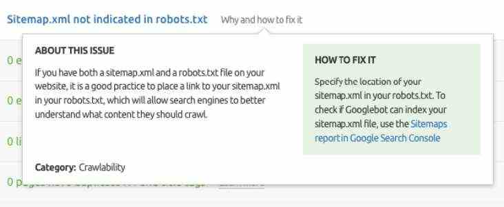 Semrush Site Audit-Bericht über sitemap.xml wird in robots.txt nicht angezeigt.