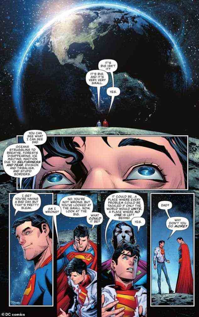 Hot-Button-Themen: Der neue Superman hat sich viel liberaleren Themen angenommen als sein Vater einst;  Jonathan wurde gesehen, wie er mit dem Klimawandel und Schießereien an der High School zu kämpfen hatte