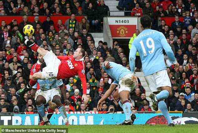 Rooney scored some incredible goals in his glittering career, including this overhead kick which was a late winner against United's fierce rivals Manchester City in February 2011