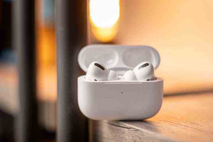 The Apple AirPods Pro inside their wireless charging case.