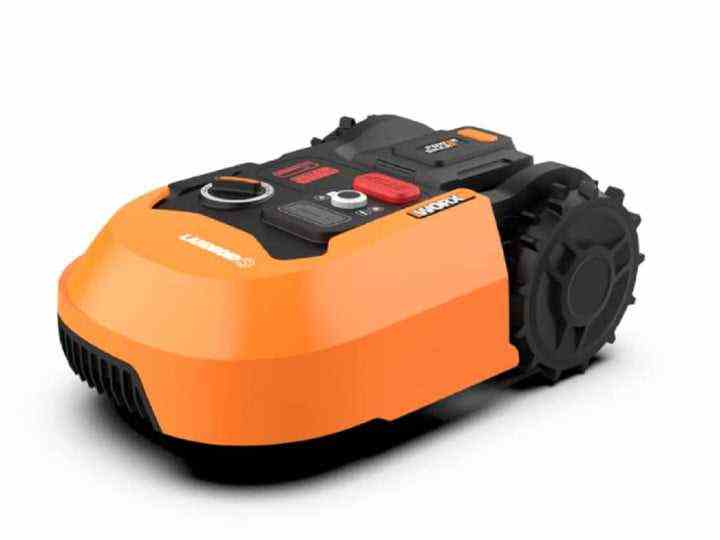 The WORX Landroid S WR165 robotic lawn mower in orange.