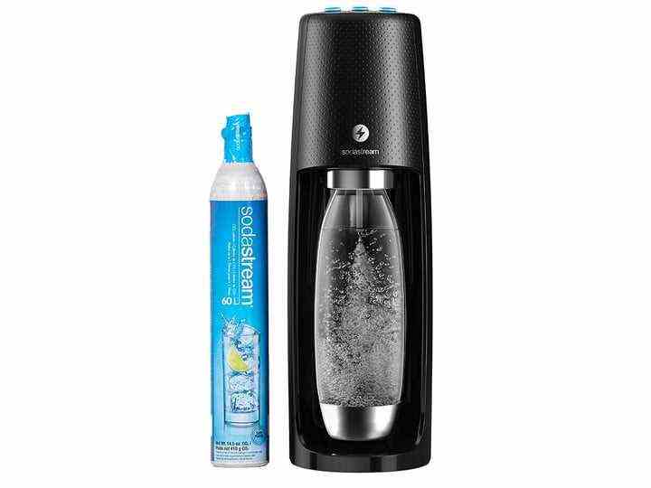 The Sodastream Fizzi One Touch in the process of making sparkling water.