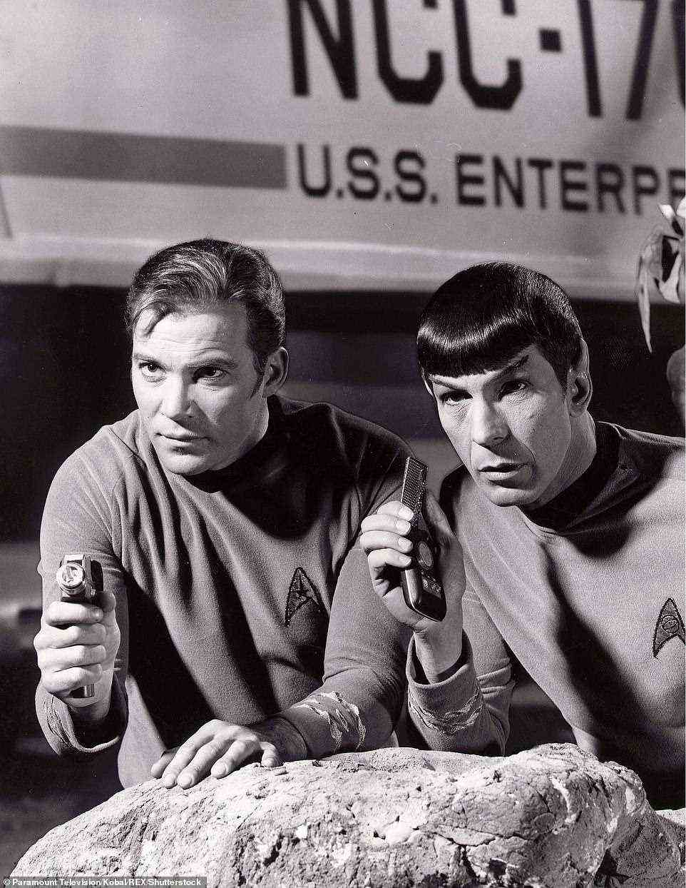 'I'm going to see the vastness of space and the extraordinary miracle of our Earth and how fragile it is compared to the forces at work in the universe,' Mr Shatner told NBC's ' Today ' program. Pictured: William Shatner as Captain Kirk in 'Star Trek'. Leonard Nimoy's Mr Spock can be seen holding a communicator, like the one replicated in paper by a young Jeff Bezos that Mr Shatner will be taking into space with him today