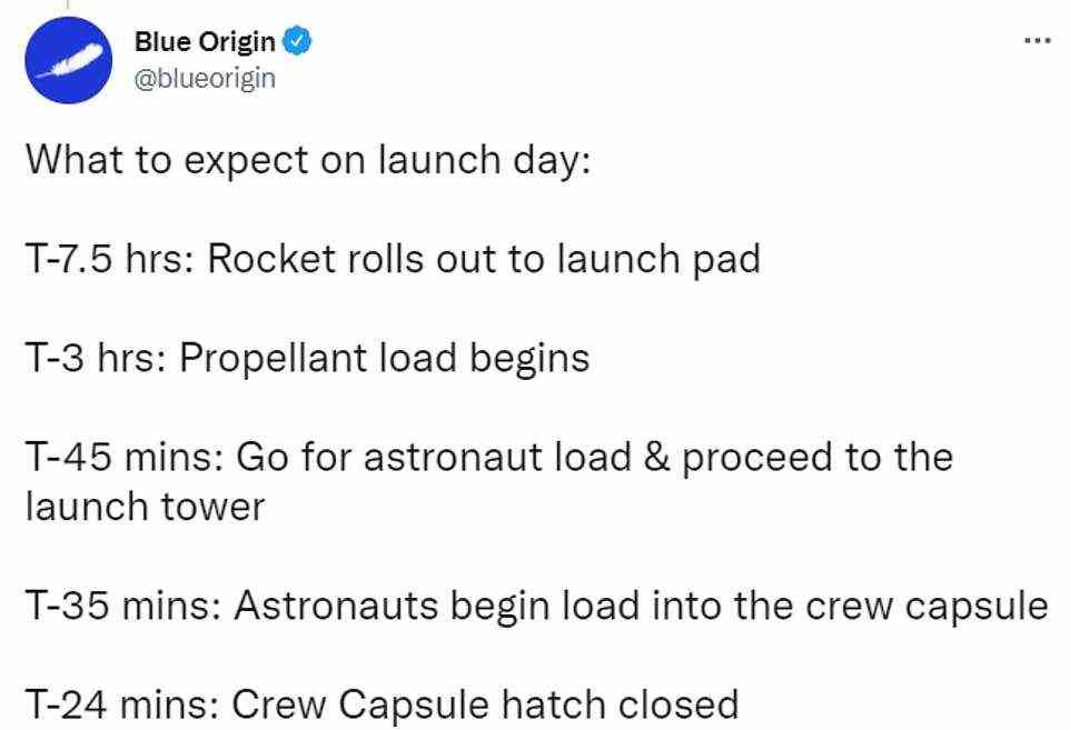 The NS-18 rocket is scheduled to rollout two and half hours before liftoff, followed by propellant load three hours before and then the astronauts will head inside the capsule 35 minutes prior to take off