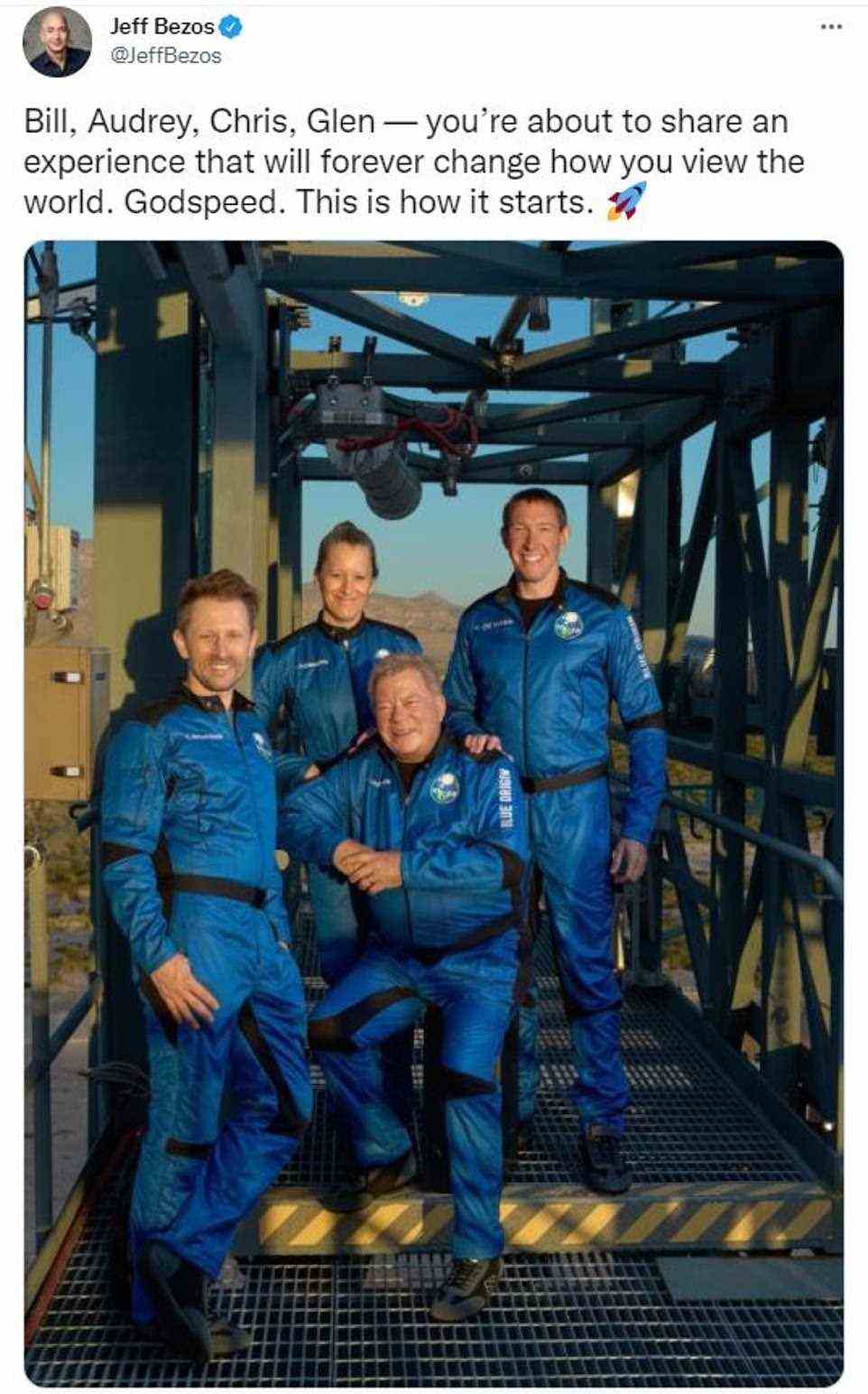 The crew, which also includes Chris Boshuizen, Glen de Vries and Audrey Powers, are launching aboard Blue Origin¿s 60-foot-tall New Shepard rocket at 10am ET from the company's Launch Site One  in Van Horn, Texas