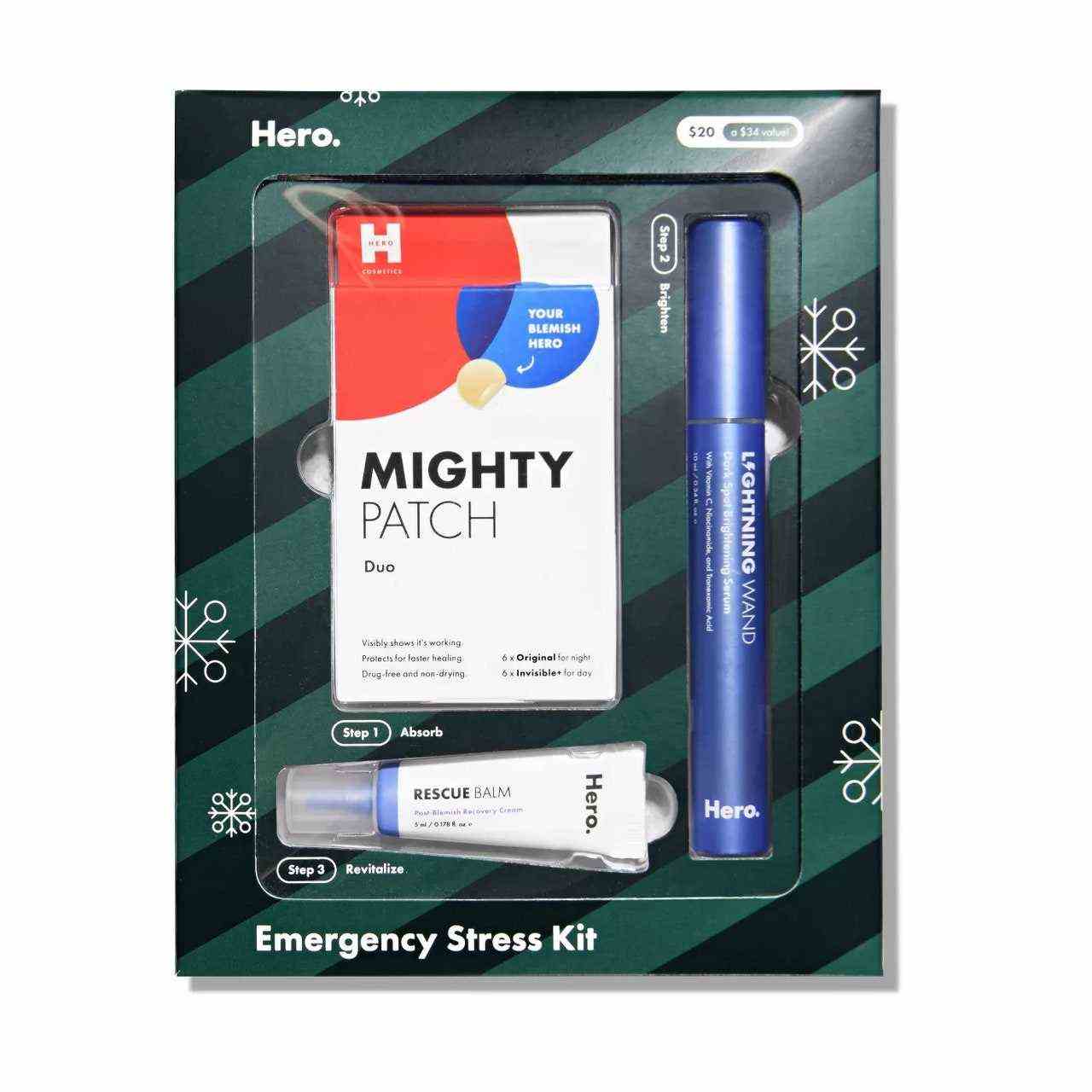 Hero Cosmetics Notfall-Stress-Akne-Kit auf weißem Hintergrund