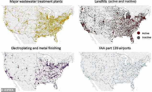 Karten, die häufige Orte mit „für immer chemischer“ Verschmutzung in den USA anzeigen, einschließlich Deponien, Kläranlagen, Flughäfen sowie Galvanik- und Metallveredelungsanlagen