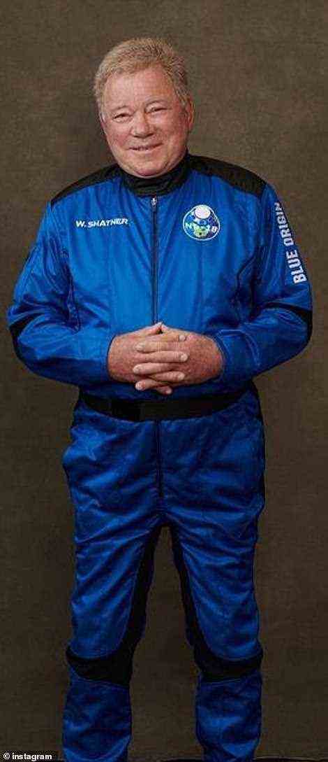 Pictured is William Shatner, 90, suited up in the Blue Origin light flight suit