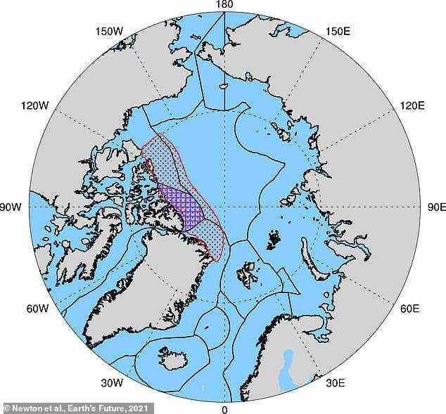 Eine Karte der Arktis mit der rot markierten letzten Eisfläche.  Das Meeresschutzgebiet Tuvaijuittuq, das das mittlere Drittel der Region umfasst, ist in Lila dargestellt