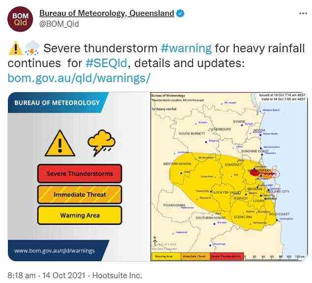 BOM hat eine Warnung (im Bild) für schwere Gewitter in diesen Gebieten veröffentlicht