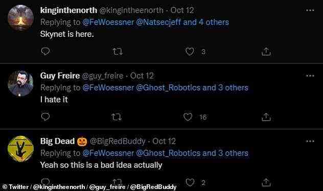 Die Reaktion auf Twitter auf die Enthüllung der mit SPUR ausgestatteten Roboter war gemischt – aber eher mit Besorgnis als mit Billigung.  Im Bild: einige Antworten