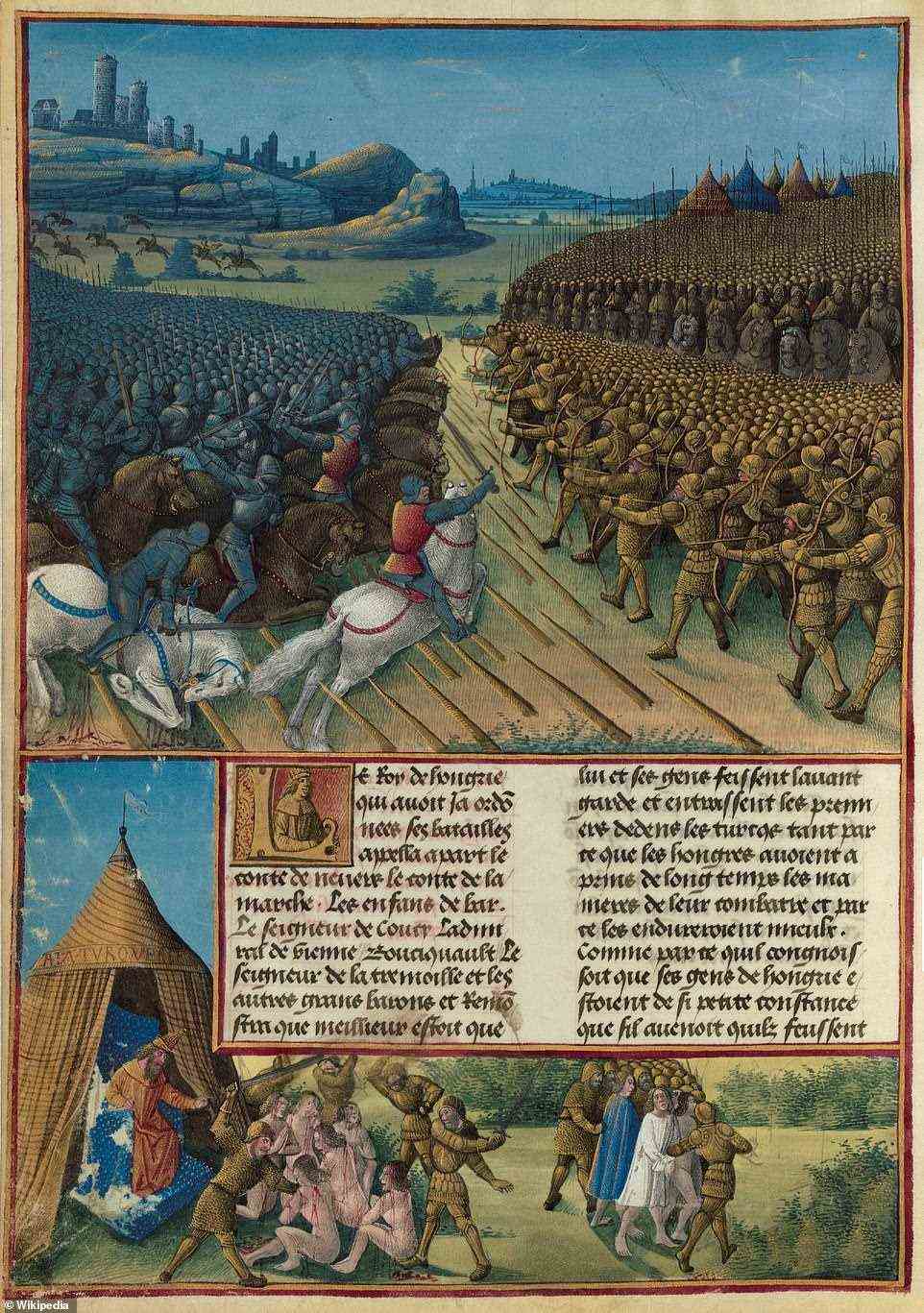 Carrouges had been sent to Hungary to try to suppress the advances of the Ottoman Empire, but the ageing knight died on the battlefield. Above: A 1475 depiction of the fight
