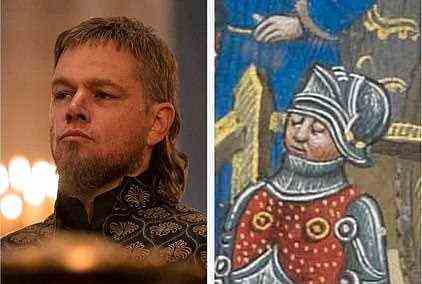 Sir Jean de Carrouges was a French knight who governed estates in Normandy and served as a vassal to Count Pierre d’Alencon. Pictured left: Matt Damon playing him in the Last Duel. Right: The depiction of him in a 15th century painting of his duel