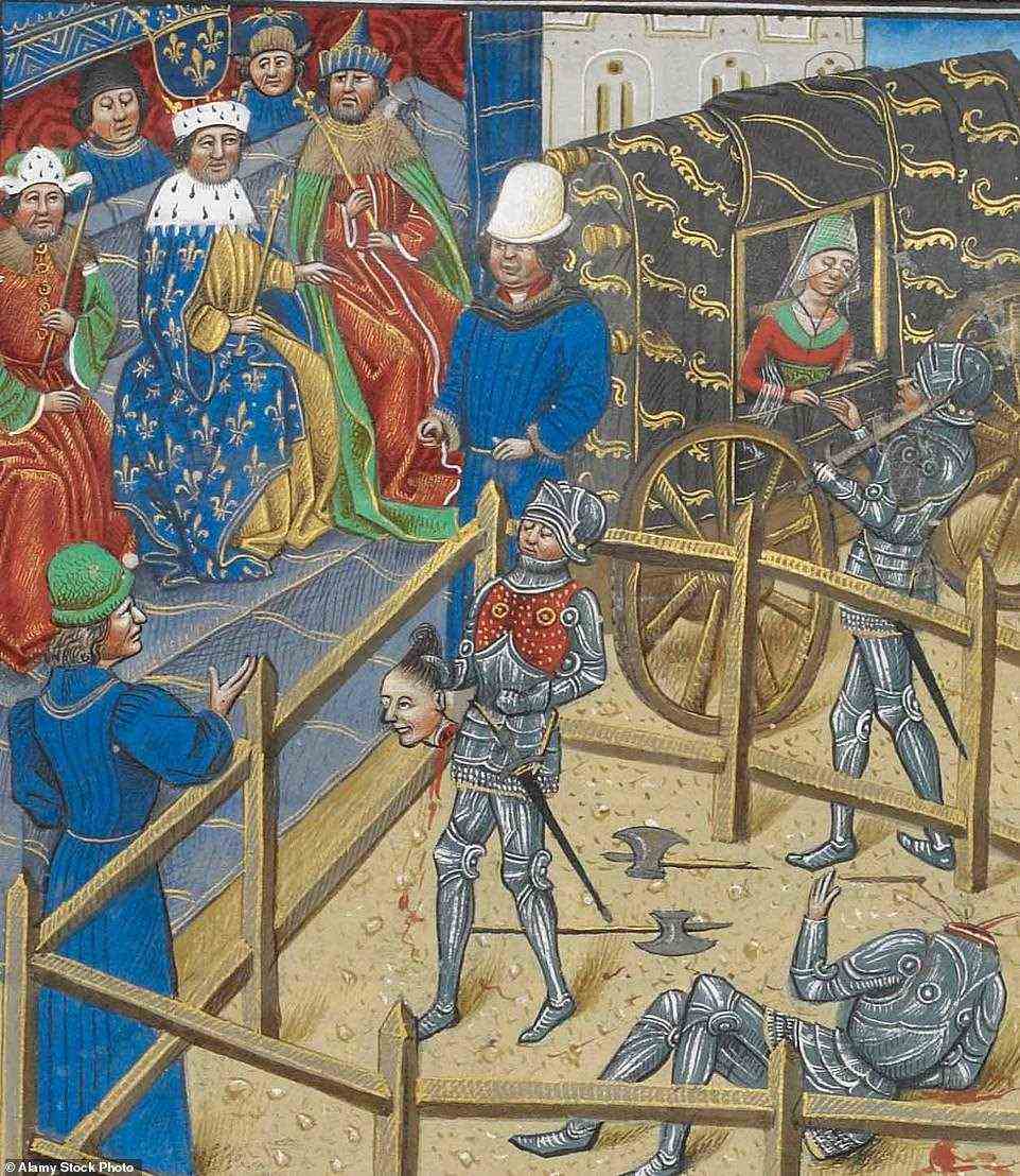 The two men were engaging in what was the last judicial duel sanctioned by the French monarch, who at that time was King Charles VI. The reason for their fight? Carrouges had accused Le Gris of raping his wife, Marguerite, while she was alone at his mother's chateau. When he went to the king for justice, the monarch ordered the duel to resolve the dispute after an ordinary court trial failed to reach a conclusion. Above: An illustration of the aftermath of the battle shows Carrouges holding Le Gris's head before the king