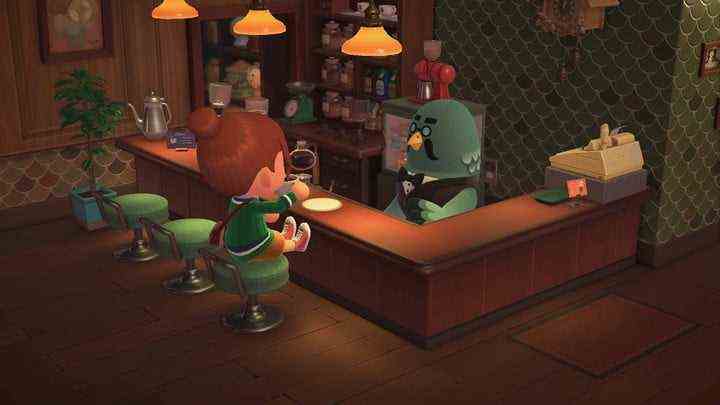 Ein Dorfbewohner trinkt Kaffee im The Roost in Animal Crossing: New Horizons.