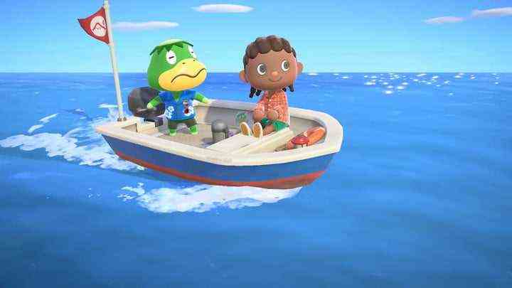 Ein Dorfbewohner fährt mit Kapp'n in Animal Crossing: New Horizons ein Boot.
