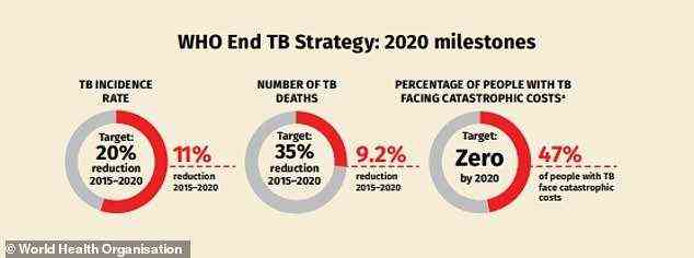 Wichtige Fünfjahresziele zur Reduzierung der weltweiten TB-Fälle und -Todesfälle wurden im Jahr 2020 verfehlt. Die Zahl der Fälle wurde über den Fünfjahreszeitraum nur um 11 % reduziert und damit das Ziel von 20 % verfehlt.  Die Zahl der Todesfälle wurde um 9,2 % reduziert, das Ziel von 35 % wurde verfehlt