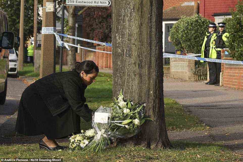 Home Secretary Priti Patel silently pays her respects to veteran MP Sir David Amess in Essex on Saturday morning