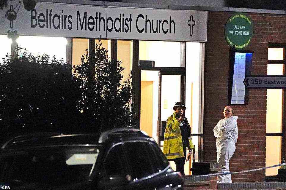 Police at Belfairs Methodist Church in Eastwood Road North, Leigh-on-Sea, Essex, where Conservative MP Sir Amess died