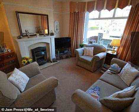 Before, the living-room was cosy, but small and dark, with beige furnishings, salmon curtains and an uninspired brown carpeted floor, pictured