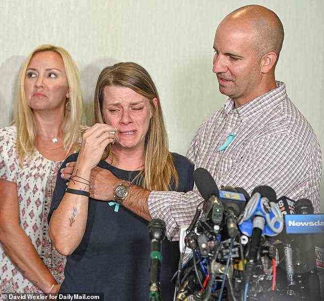 The press conference marked the bereaved mother's first public statements since her daughter's body was found. Each family member wore a blue ribbon in memory of Gabby