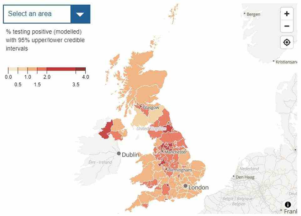 The map shows the estimated proportion of people in the UK who had Covid on week ending October 9