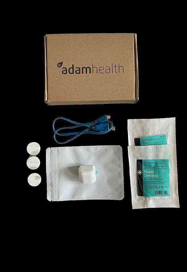 The full Adam Health Sensor kit, which includes a USB cable to recharge the device and a dressing which men wrap around their penis before putting it on the gadget