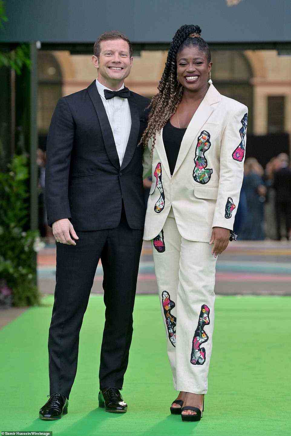 TV royalty: Dermot O'Leary was joined by Clara Amfo on the carpet. Dermot sported a black tuexedo while Clara wore a white suit with patchwork detail