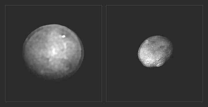 Ceres und Vesta, die beiden größten Objekte im Asteroidengürtel zwischen Mars und Jupiter, mit einem Durchmesser von etwa 940 und 520 Kilometern. 